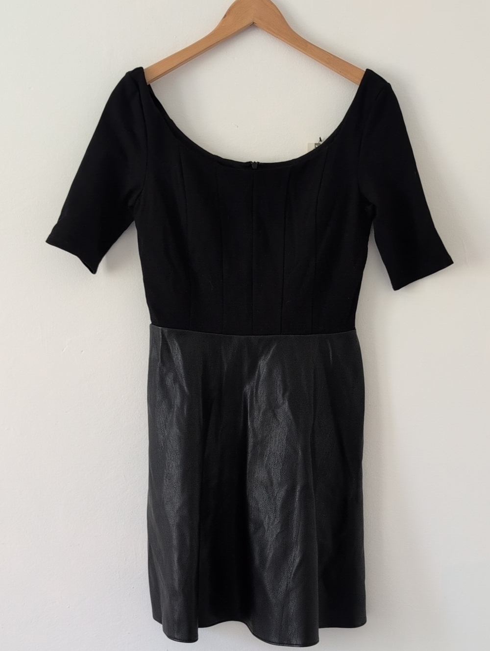 New Bailey/44 Anthropologie Black Faux-Leather 3/4 Sleeve Skater Dress M